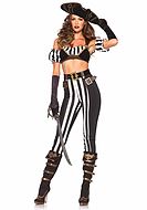 Weiblicher Pirat, Kostüm-Oberteil und -Hose, Einlage aus Leder, vertikale Streifen